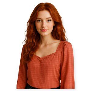 Leyden Rust Smocked Crop Top Billowy Sleeves Sweetheart Neckline Large SpringTop